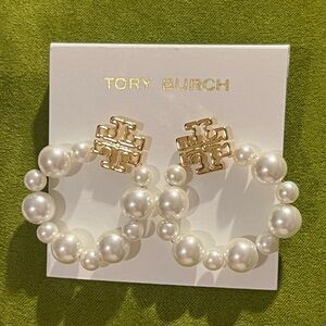 Tory Burch Gold Logo Pearl Hoop Earrings